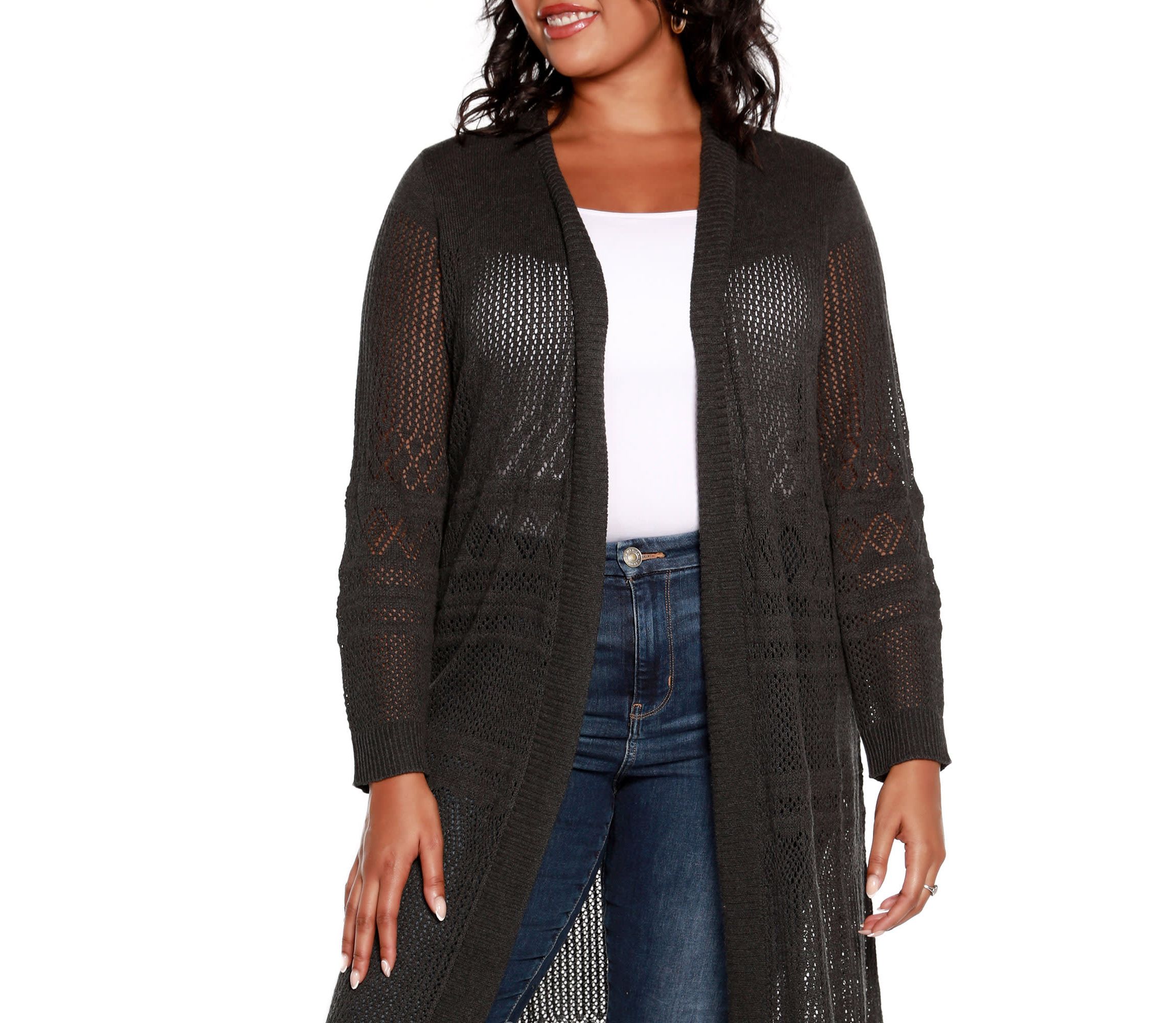 Plus Size Pointelle-Stitch Duster Cardigan