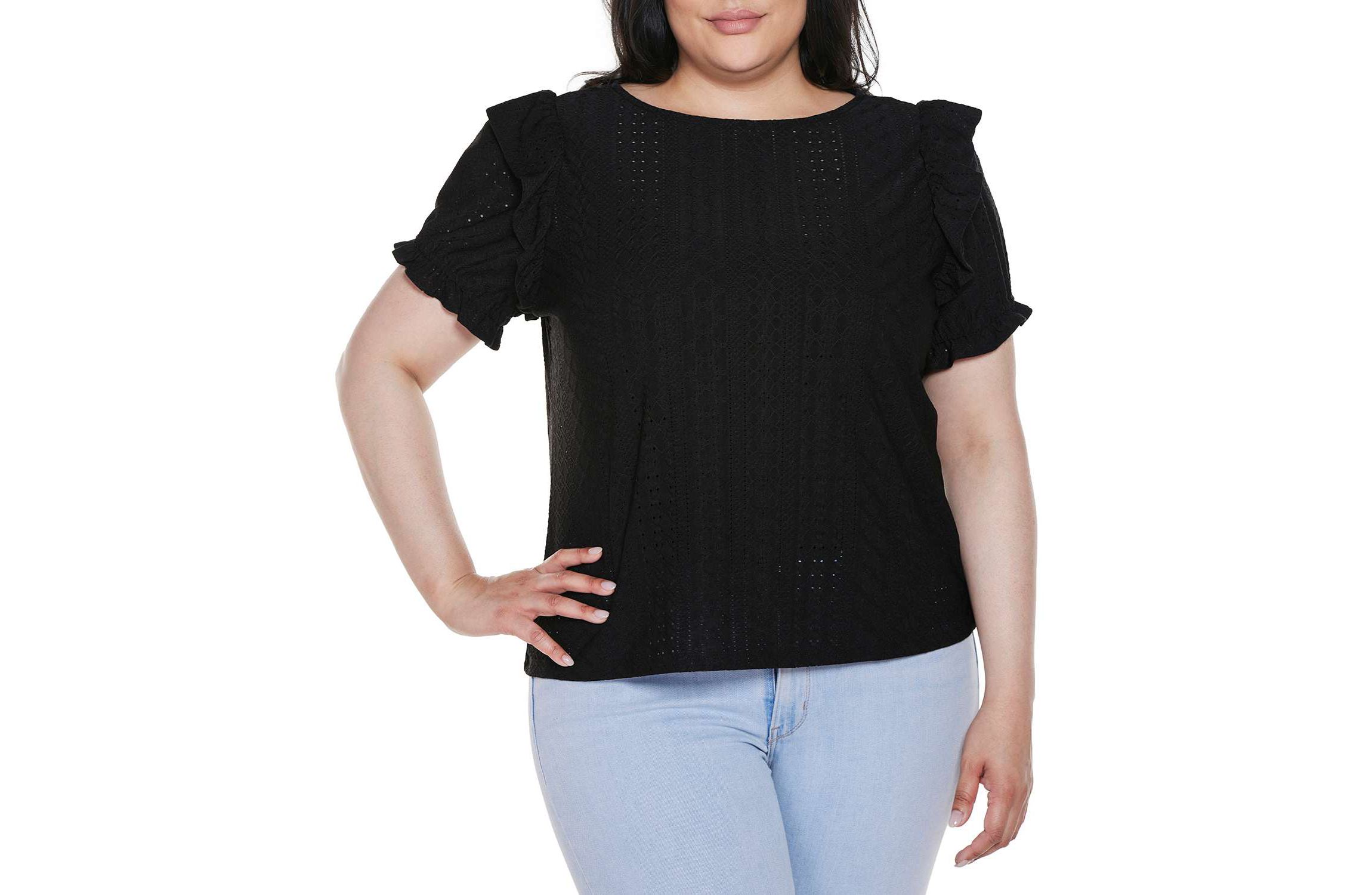 Plus Size Knit Eyelet Ruffle Sleeve Top