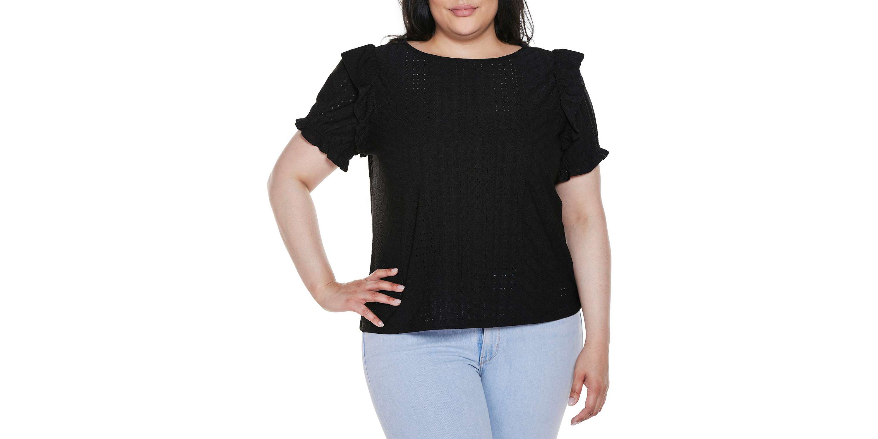Plus Size Knit Eyelet Ruffle Sleeve Top