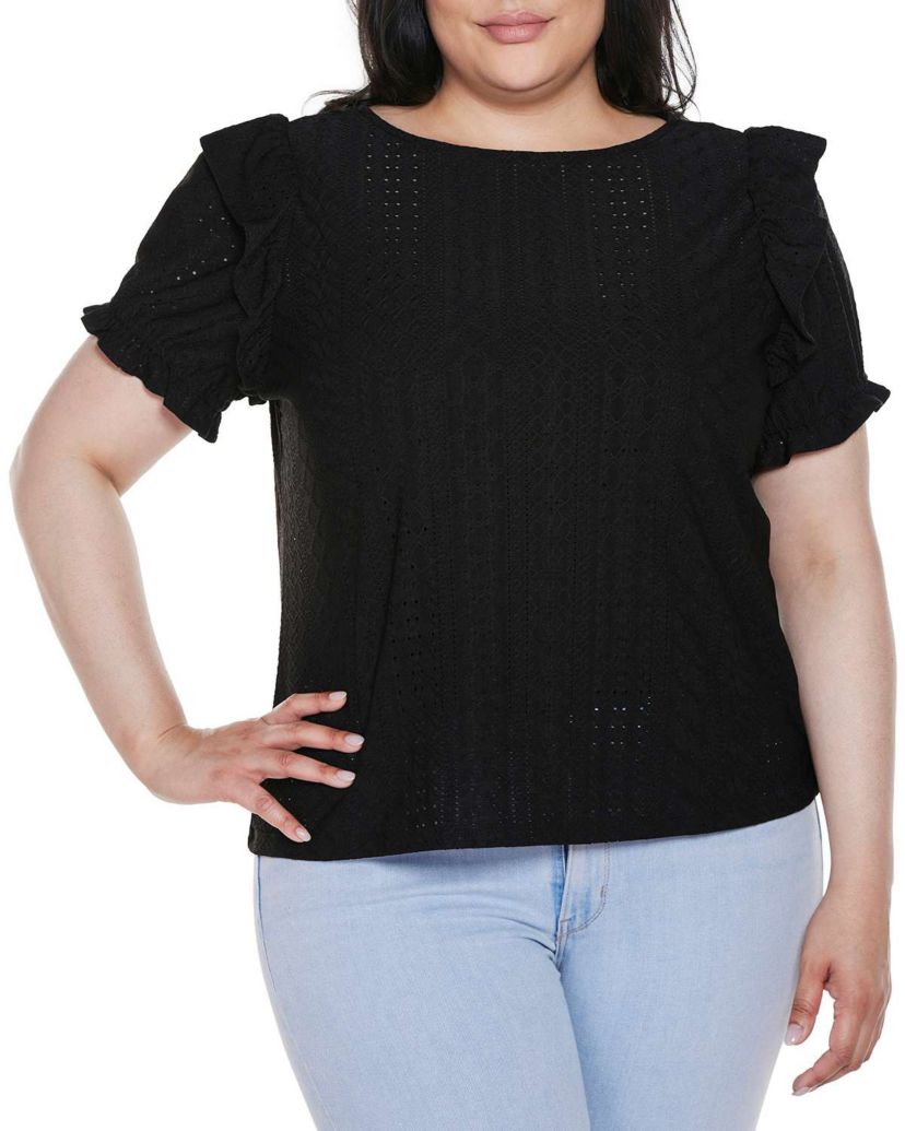Plus Size Knit Eyelet Ruffle Sleeve Top