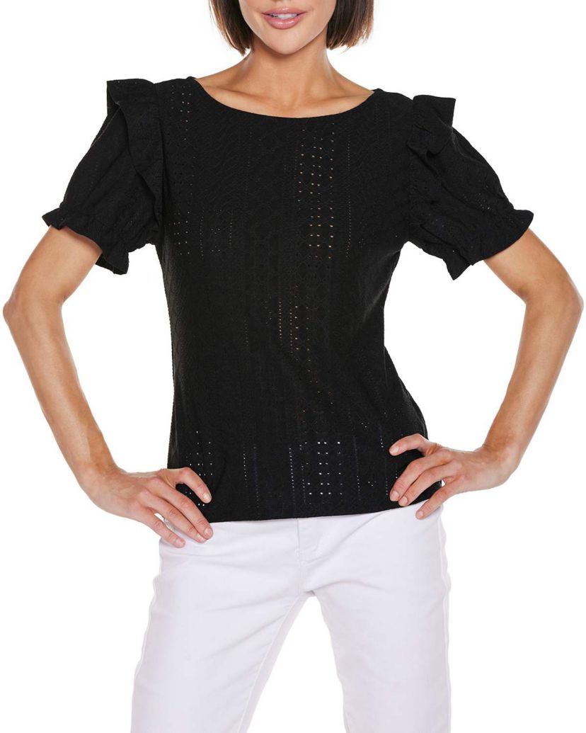 Knit Eyelet Ruffle Sleeve Top