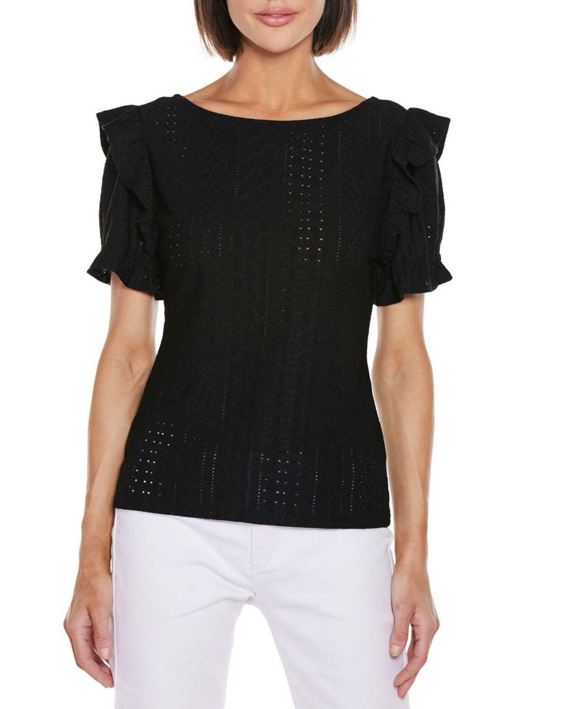 Knit Eyelet Ruffle Sleeve Top