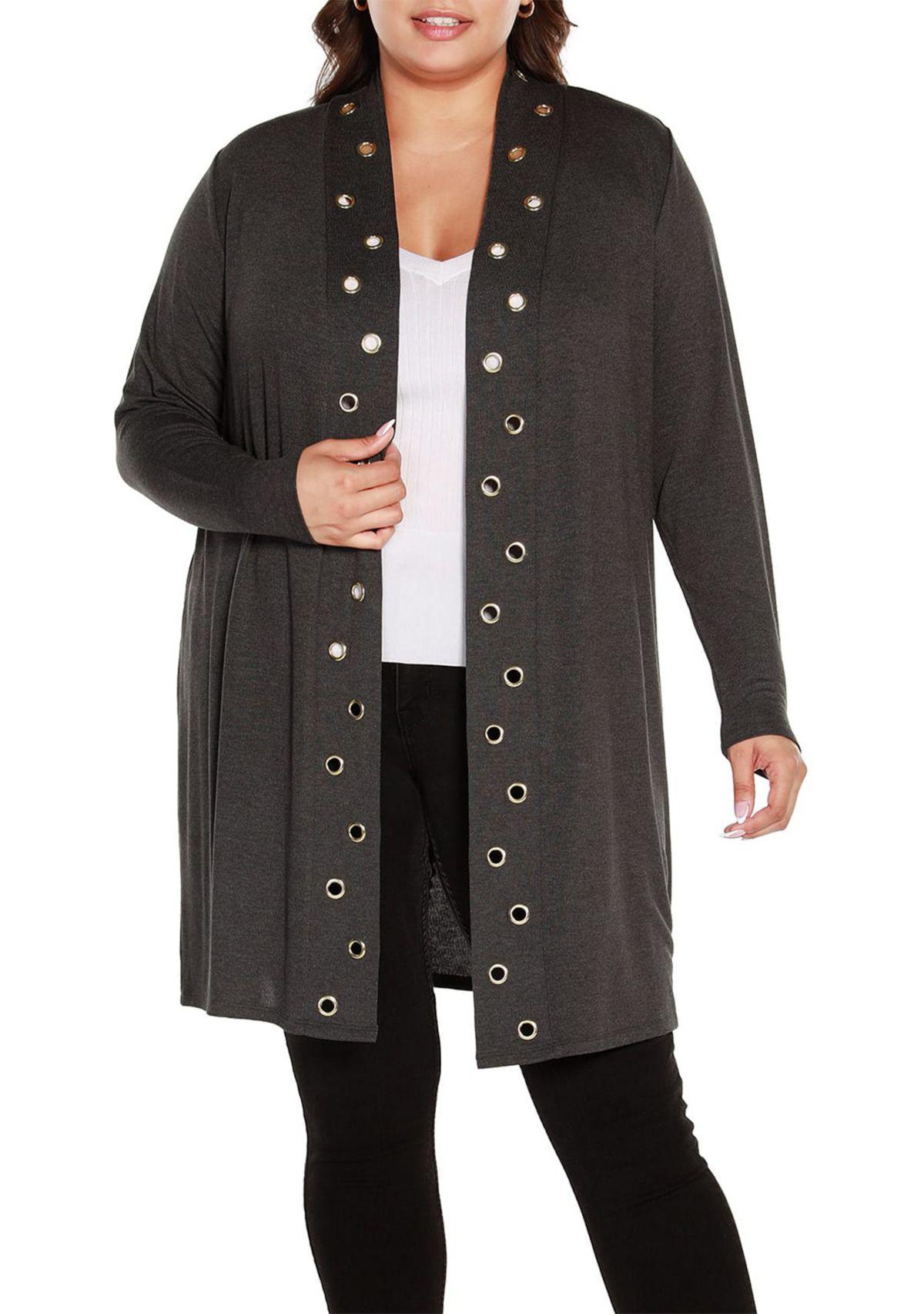Plus Size Long Sleeve Grommet-Trim Cardigan