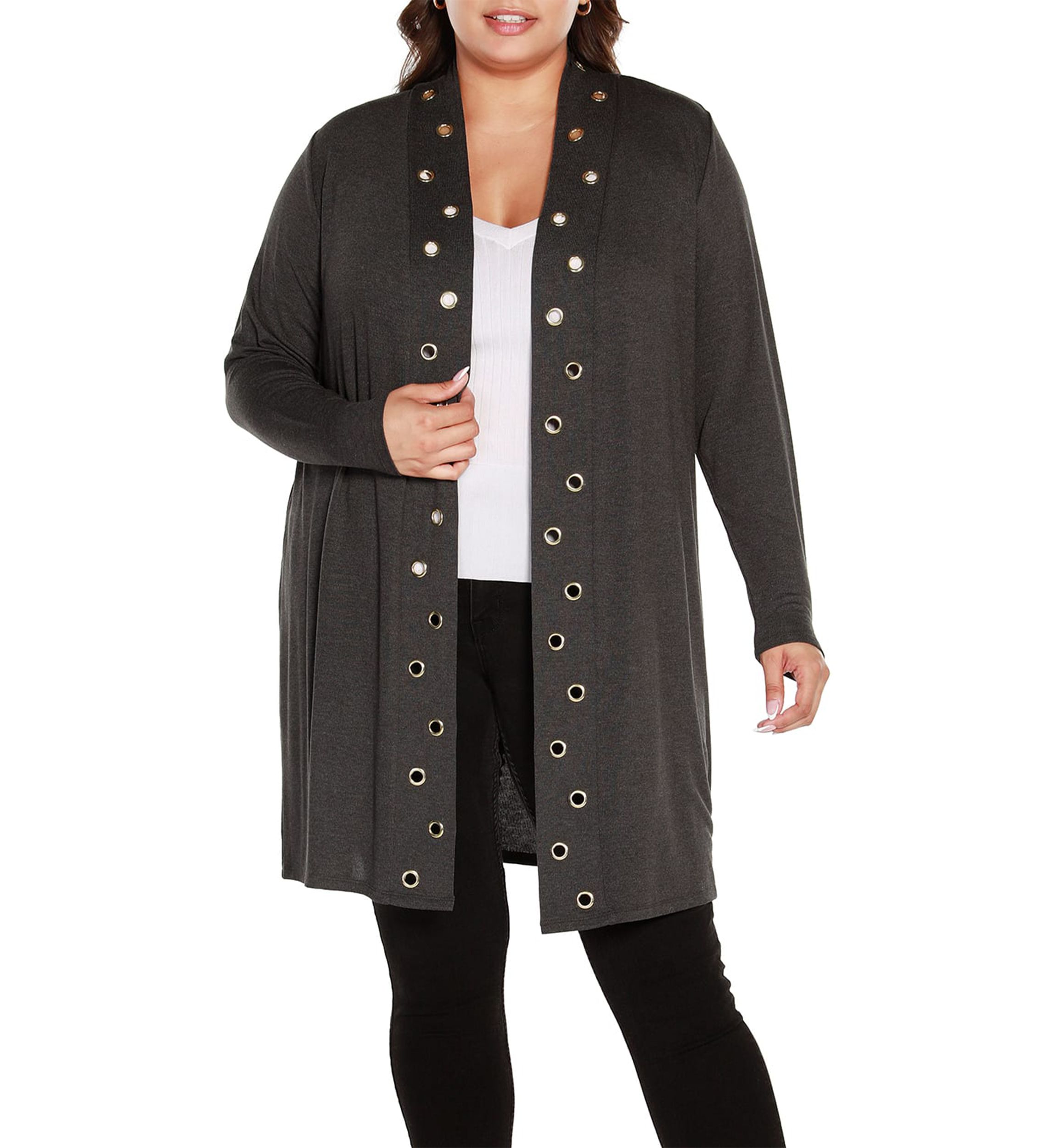 Plus Size Long Sleeve Grommet-Trim Cardigan