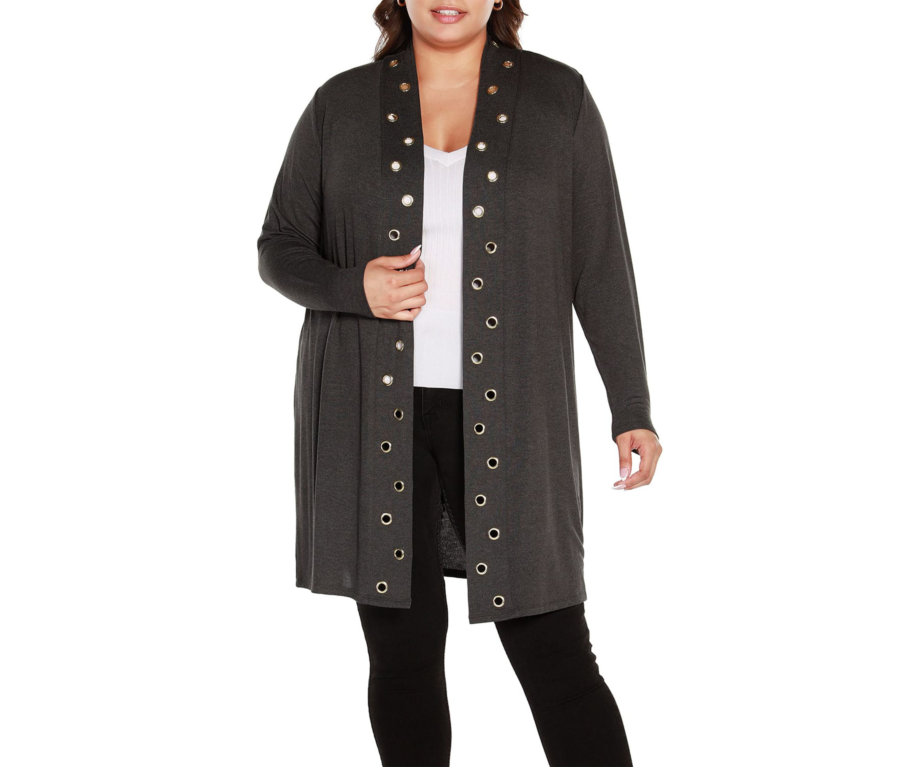Plus Size Long Sleeve Grommet-Trim Cardigan