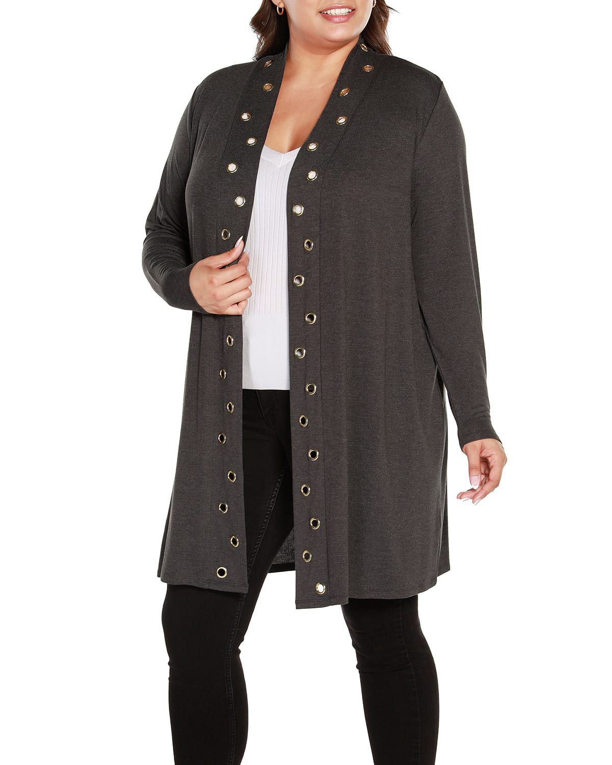 Plus Size Long Sleeve Grommet-Trim Cardigan