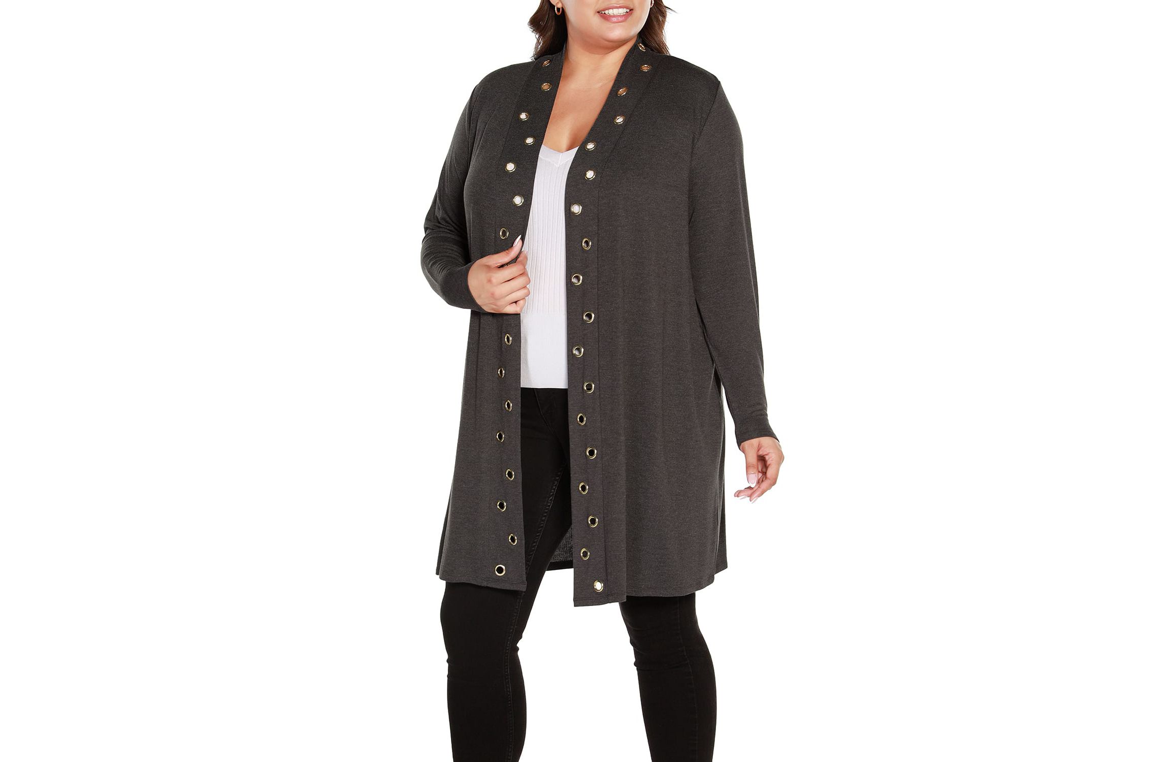 Plus Size Long Sleeve Grommet-Trim Cardigan
