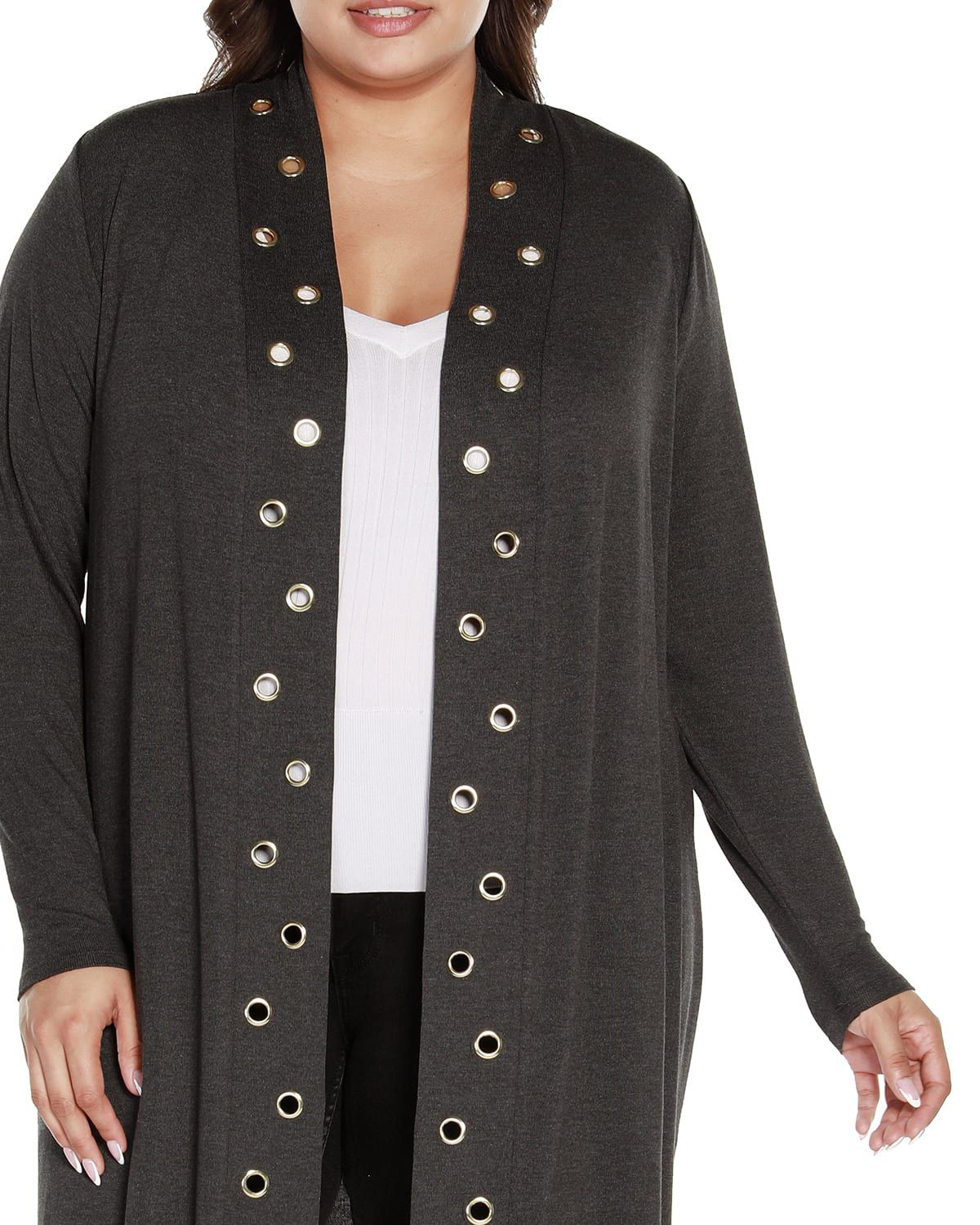 Plus Size Long Sleeve Grommet-Trim Cardigan