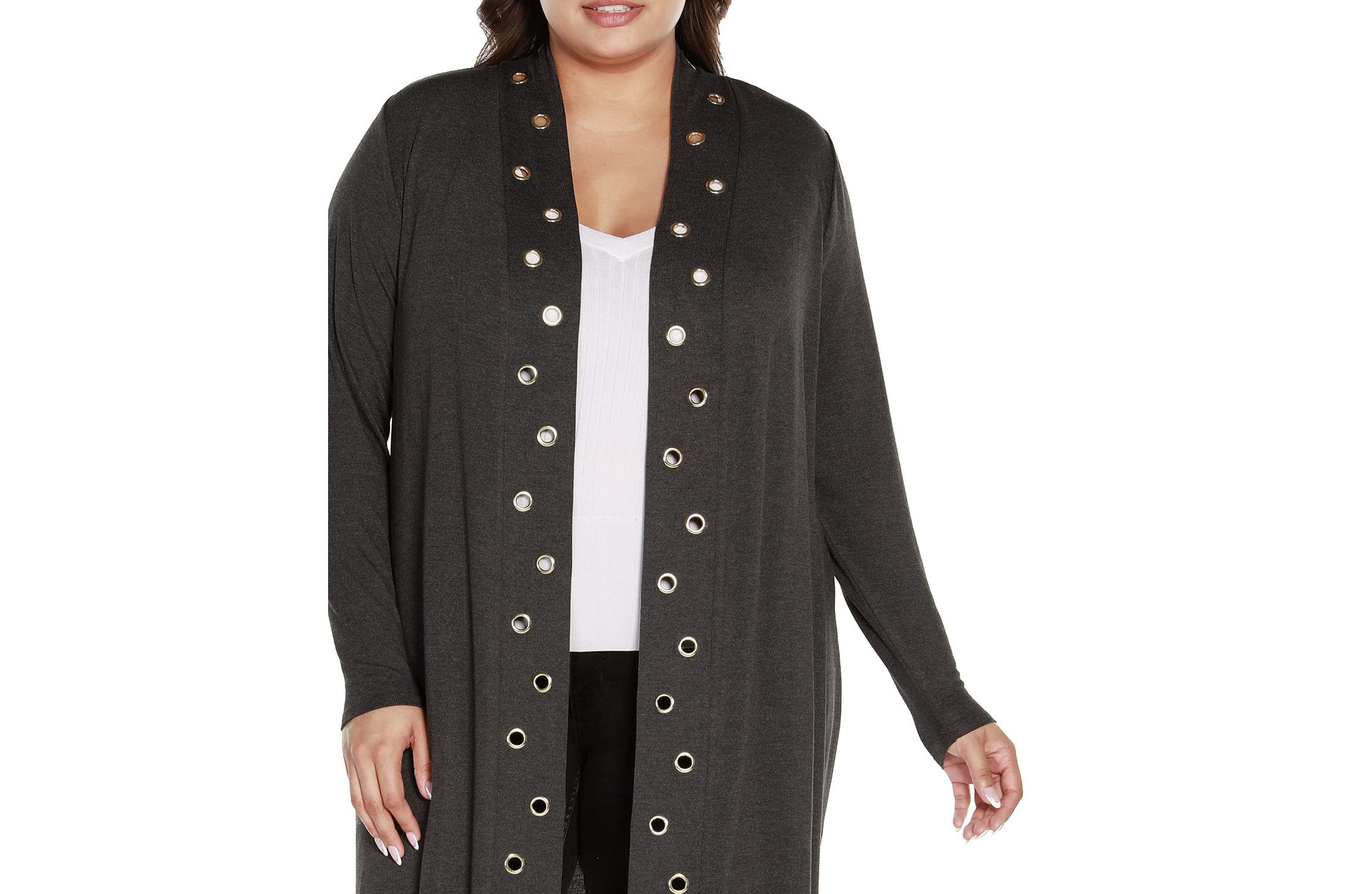 Plus Size Long Sleeve Grommet-Trim Cardigan