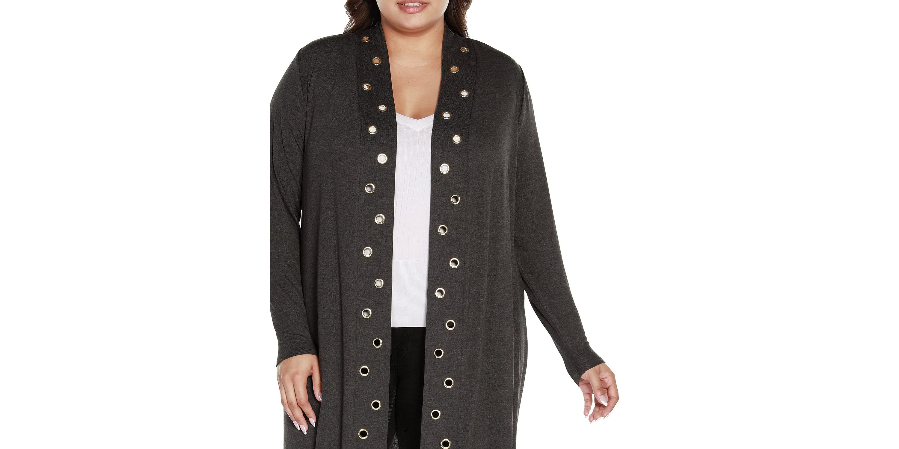 Plus Size Long Sleeve Grommet-Trim Cardigan