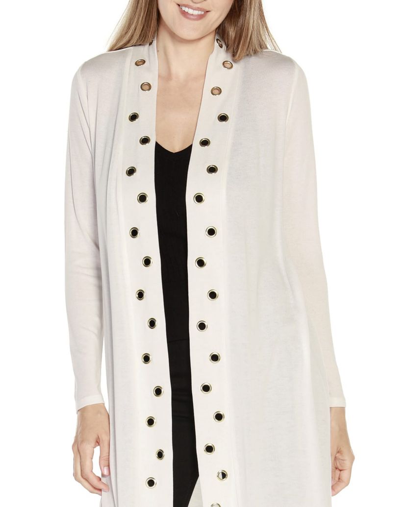 Long Sleeve Grommet-Trim Cardigan