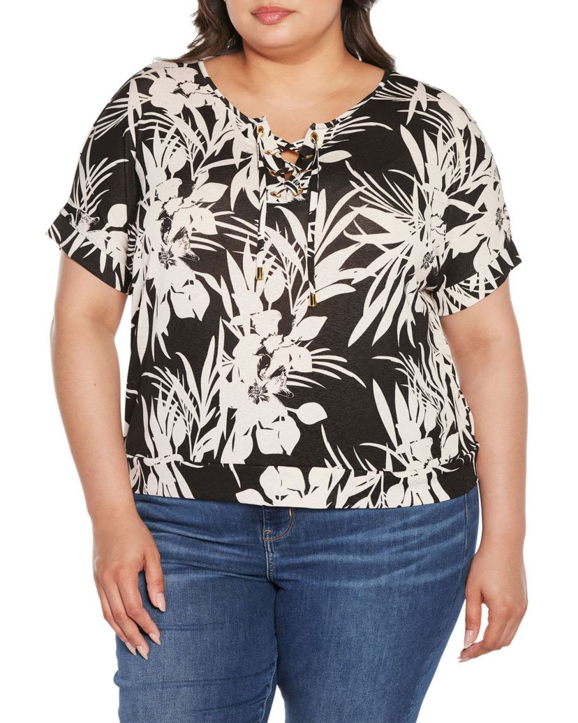 Plus Size Floral Print Lace-Up top