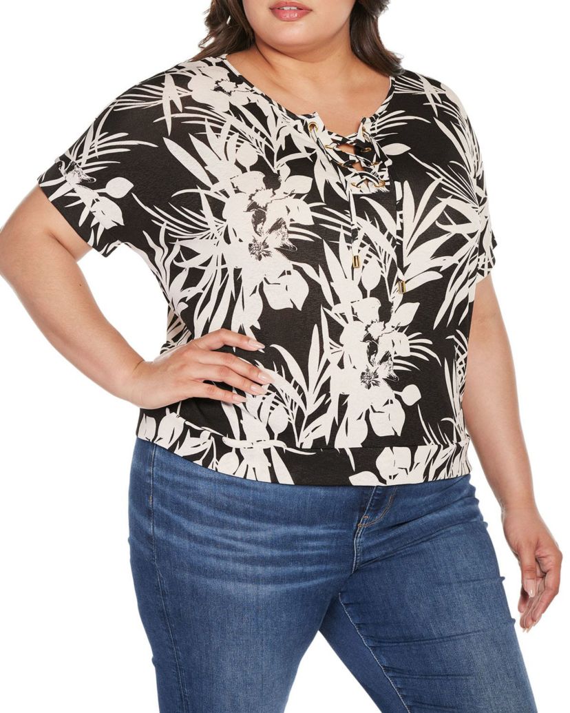 Plus Size Floral Print Lace-Up top