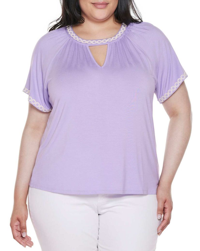Plus Size Crochet-Trim Short Sleeve Knit Top