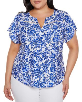 Belldini Women's Plus Size Floral Printed Eyelet Knit Top