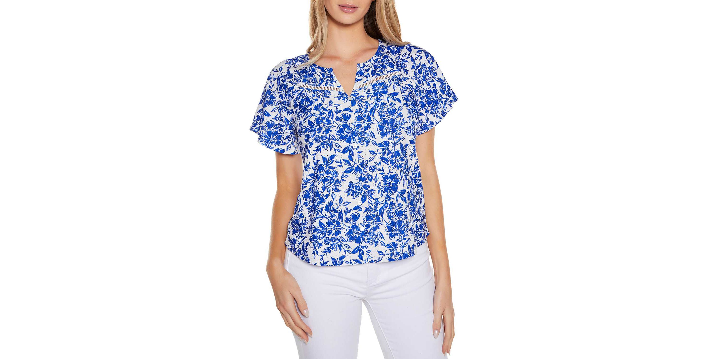 Floral Printed Eyelet Knit Top