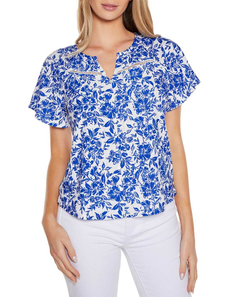 Floral Printed Eyelet Knit Top
