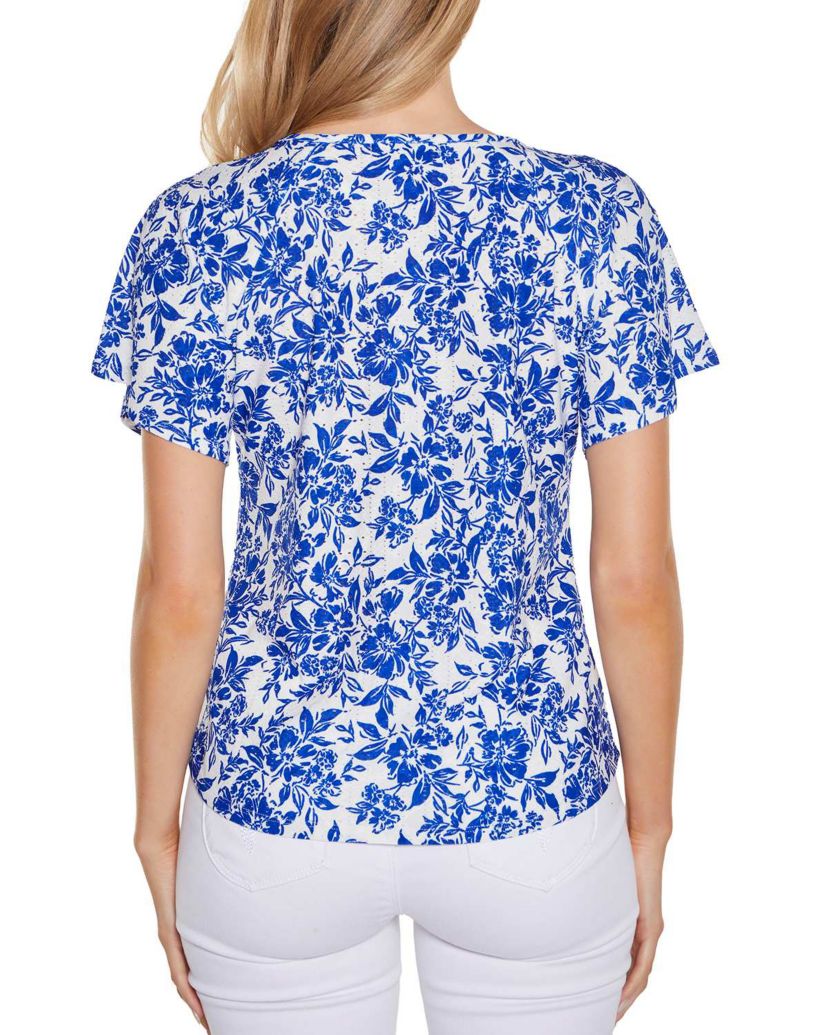 Floral Printed Eyelet Knit Top