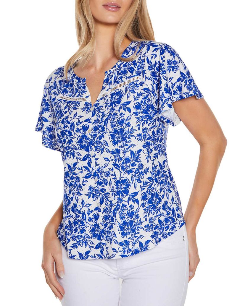 Floral Printed Eyelet Knit Top