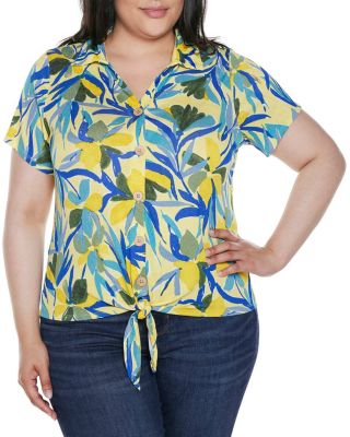 Belldini Women's Plus Size Tropical Tie-Front Knit Top, Yellow, 3X