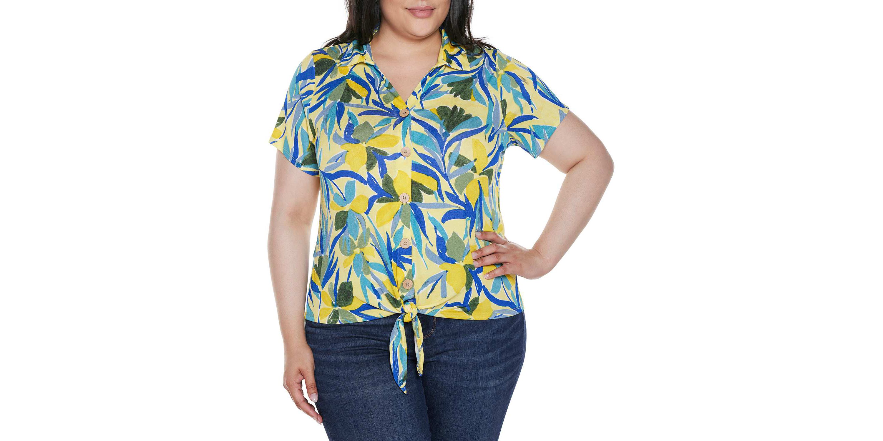 Plus Size Tropical Tie-Front Knit Top