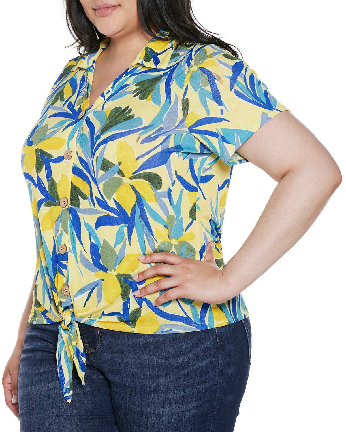 Plus Size Tropical Tie-Front Knit Top