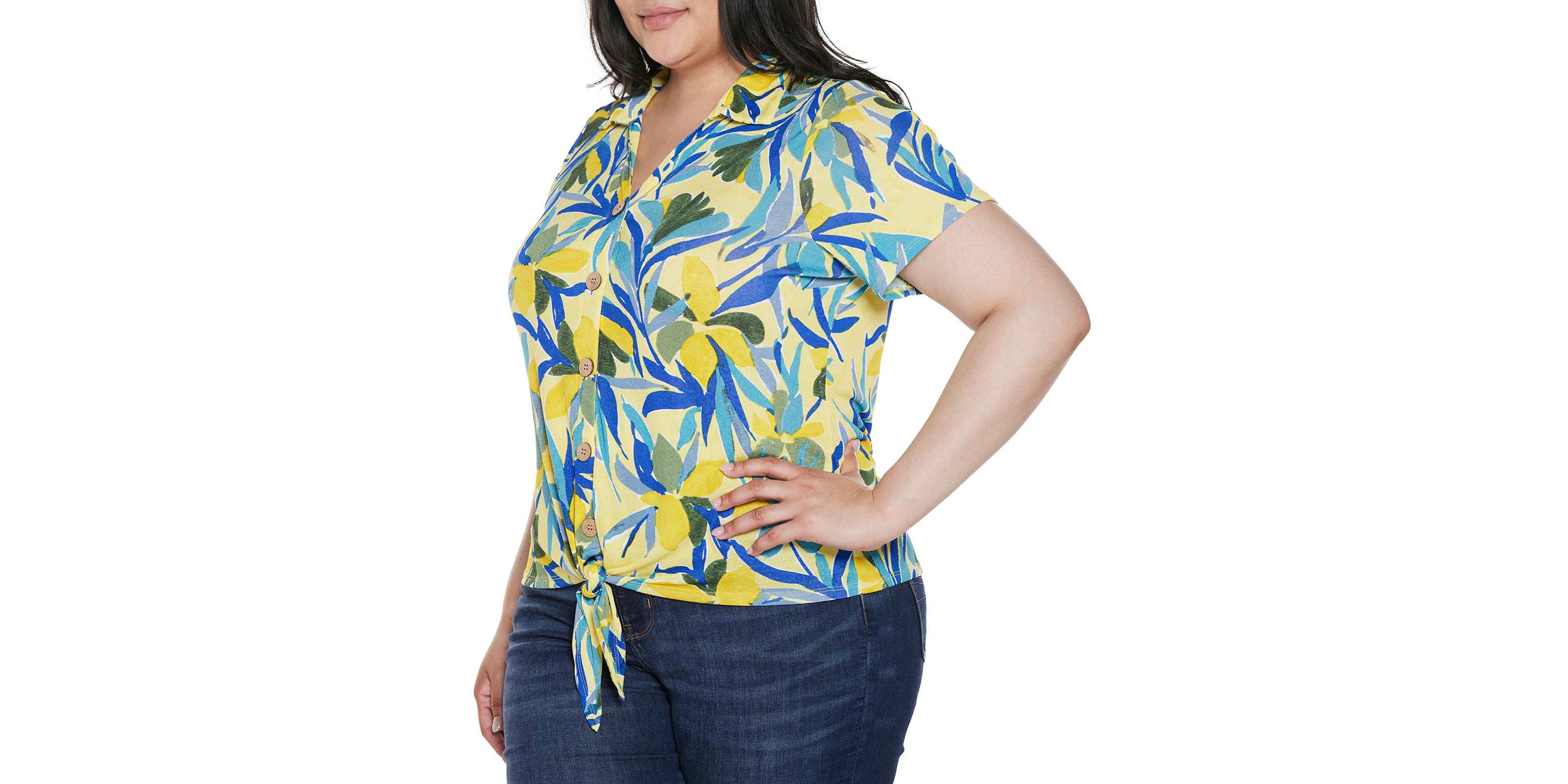 Plus Size Tropical Tie-Front Knit Top