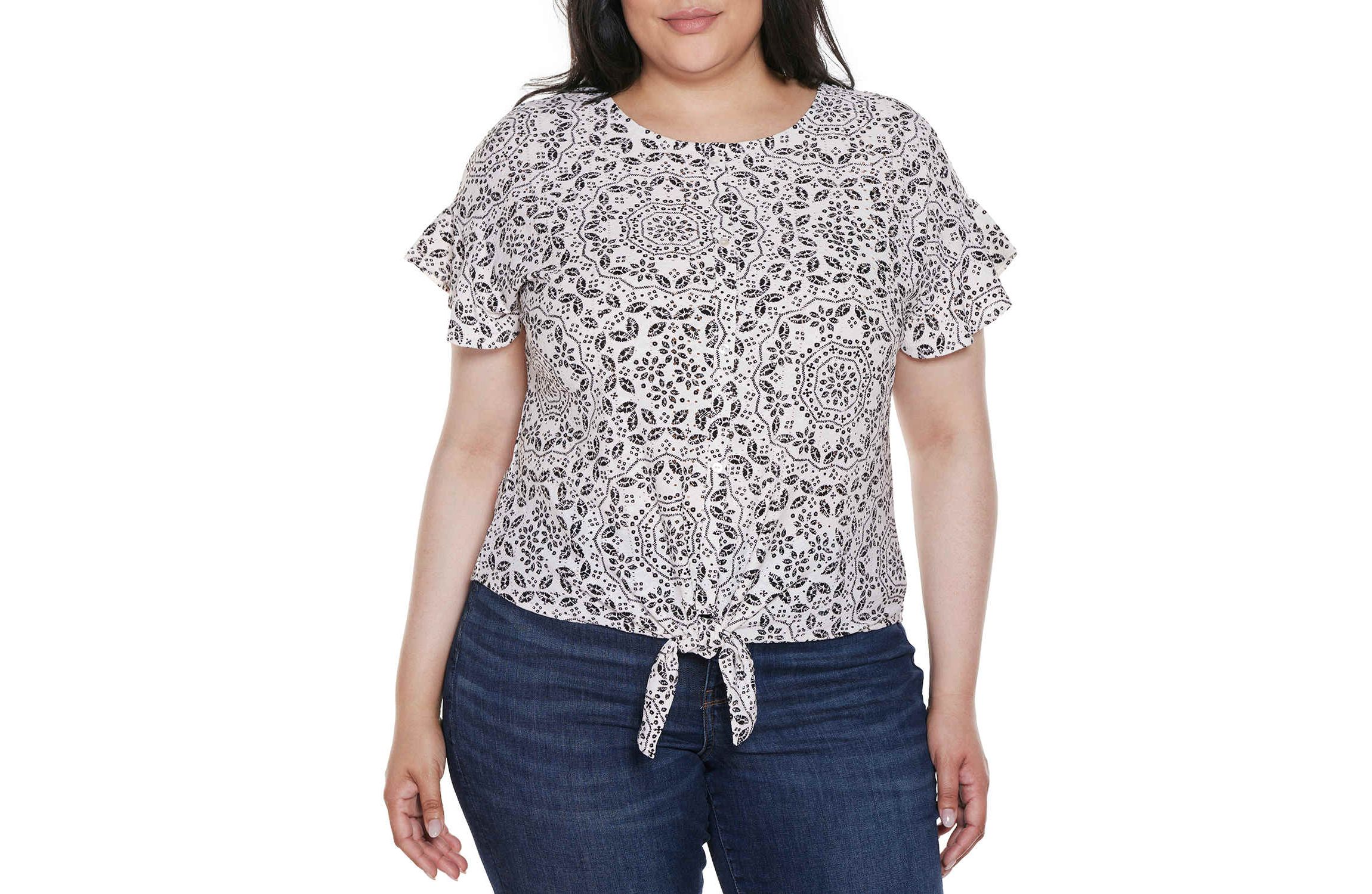 Plus Size Printed Eyelet Tie-Front Knit Top