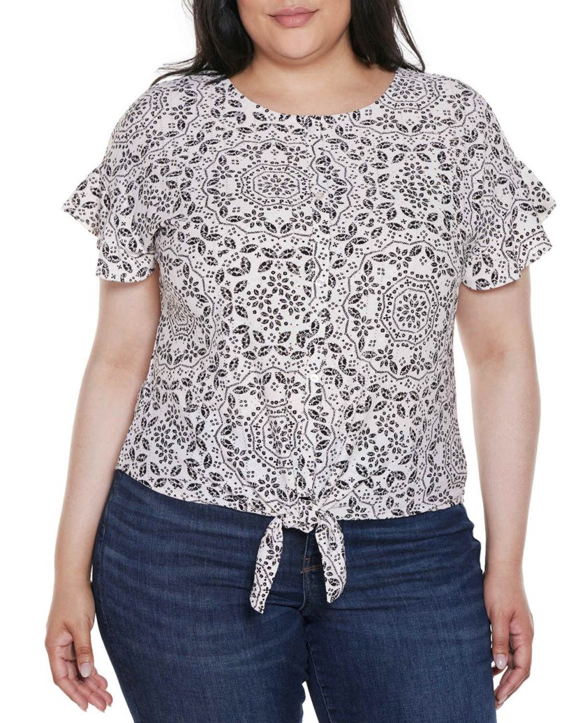 Plus Size Printed Eyelet Tie-Front Knit Top