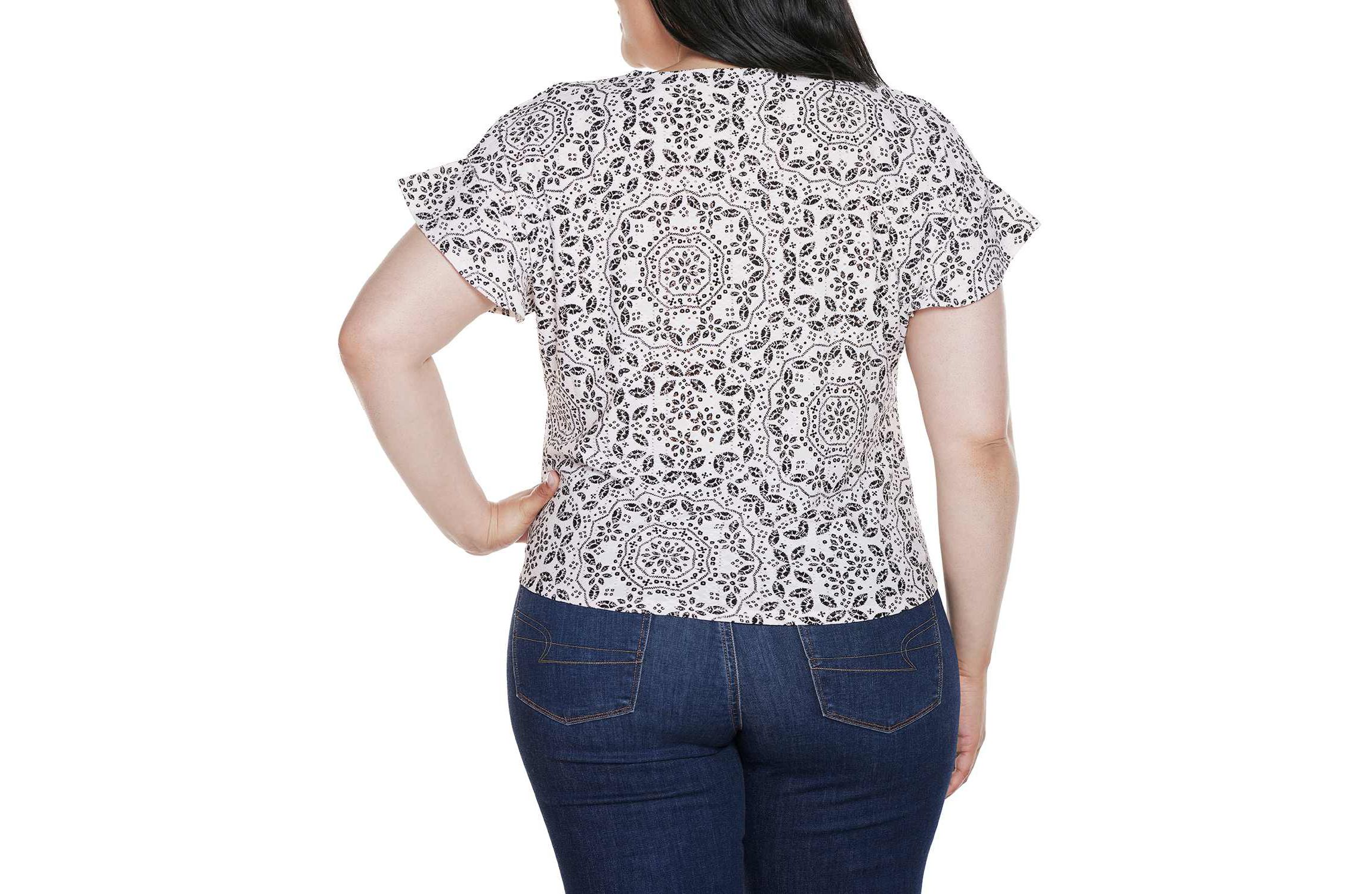 Plus Size Printed Eyelet Tie-Front Knit Top