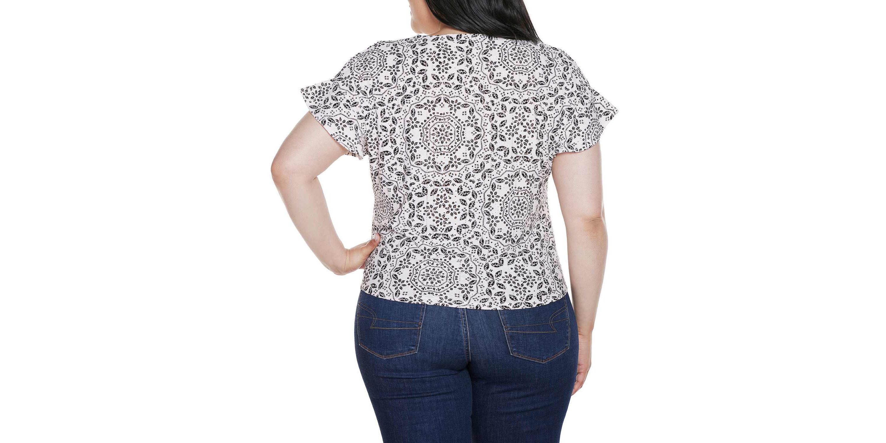 Plus Size Printed Eyelet Tie-Front Knit Top