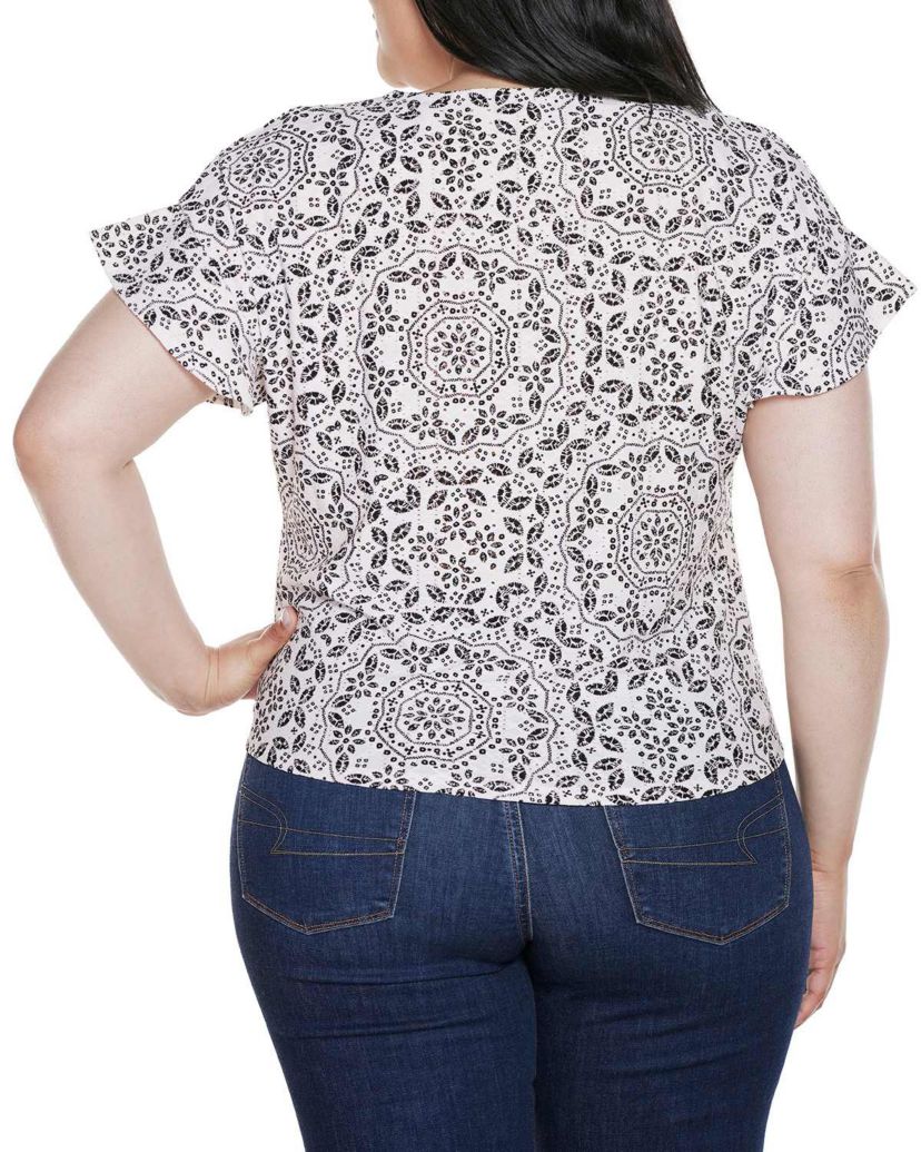 Plus Size Printed Eyelet Tie-Front Knit Top