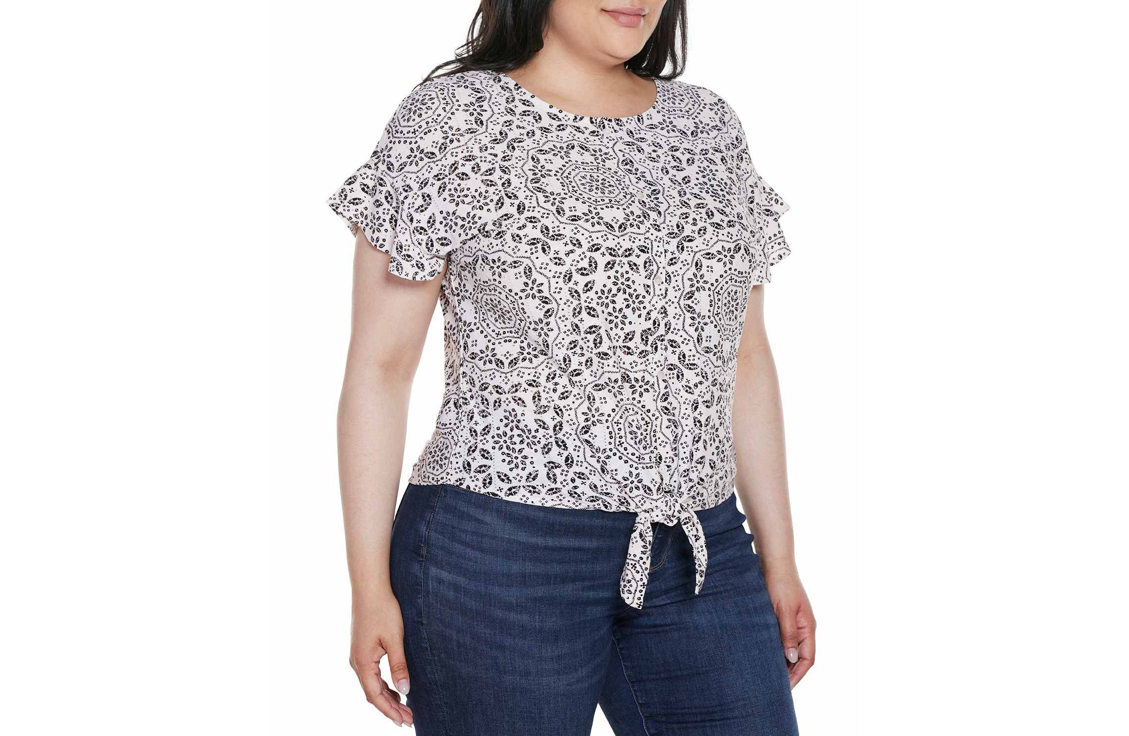 Plus Size Printed Eyelet Tie-Front Knit Top