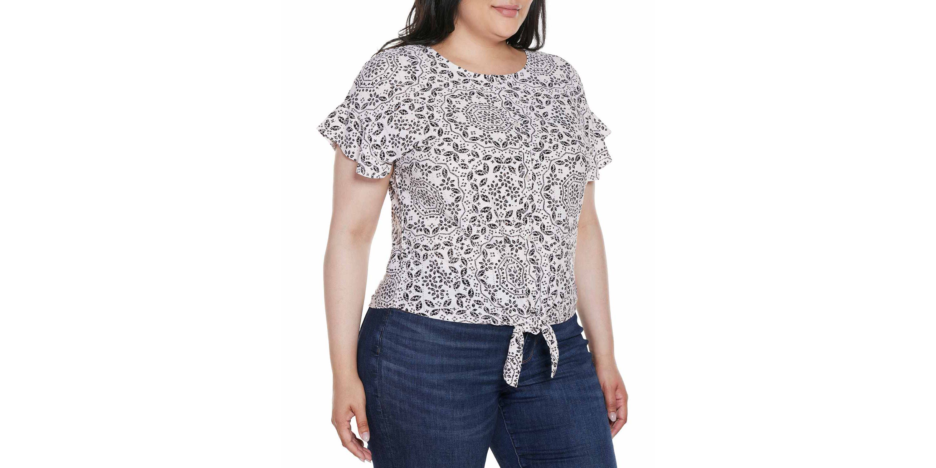 Plus Size Printed Eyelet Tie-Front Knit Top