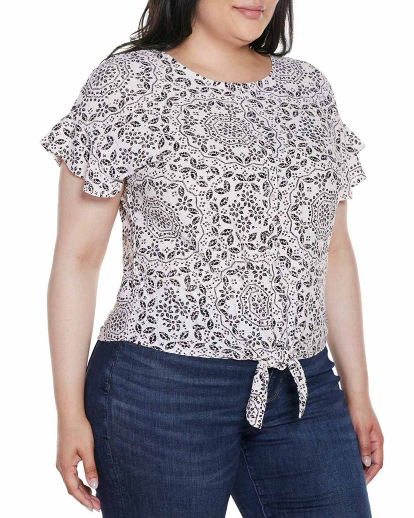 Plus Size Printed Eyelet Tie-Front Knit Top