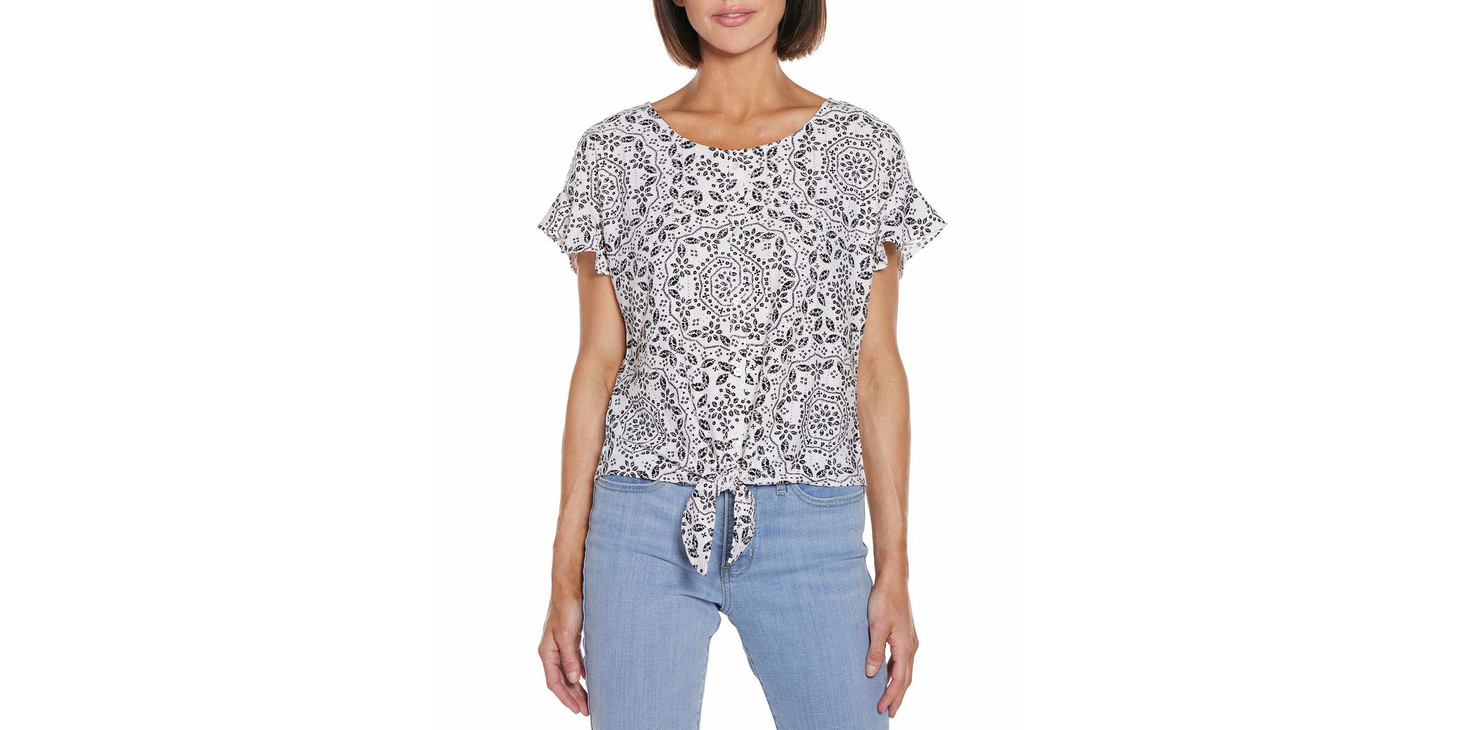 Printed Eyelet Tie-Front Knit Top