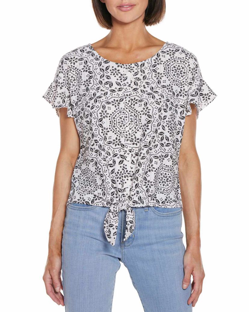 Printed Eyelet Tie-Front Knit Top
