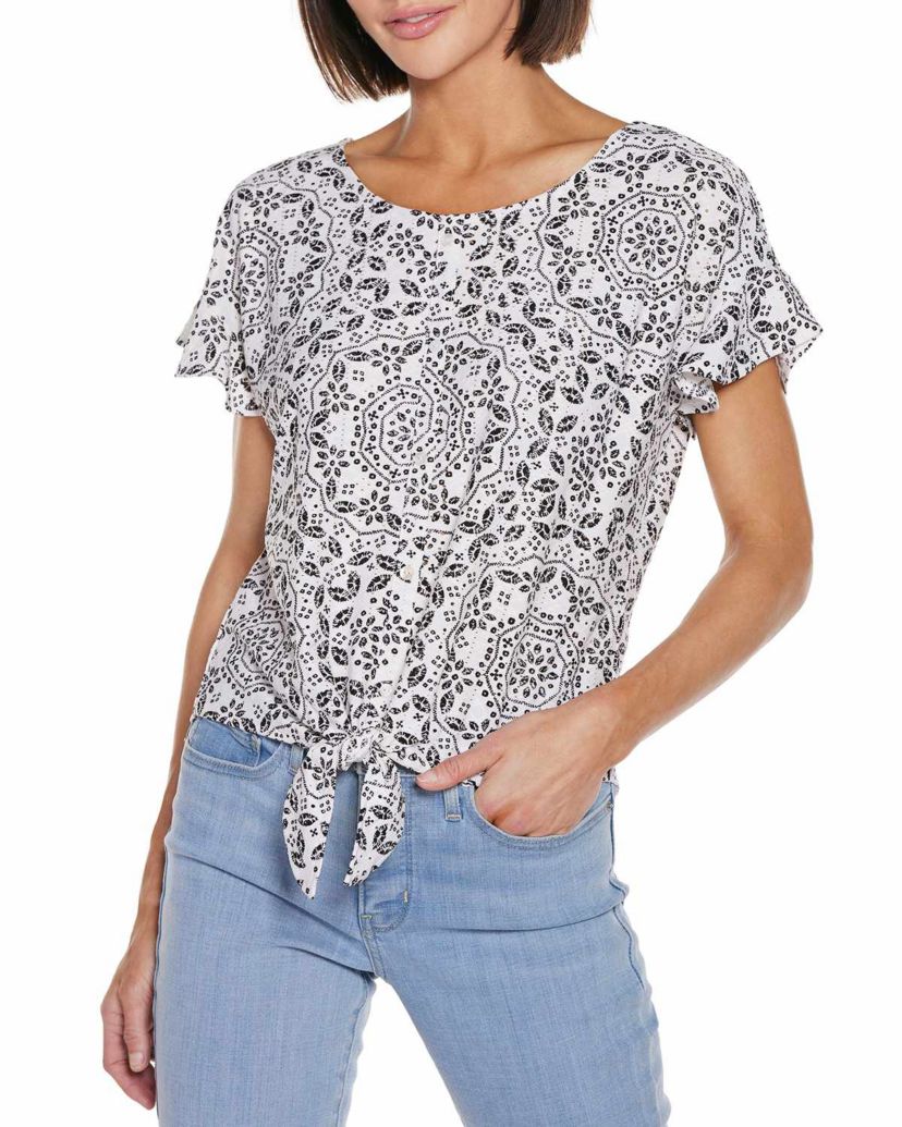 Printed Eyelet Tie-Front Knit Top