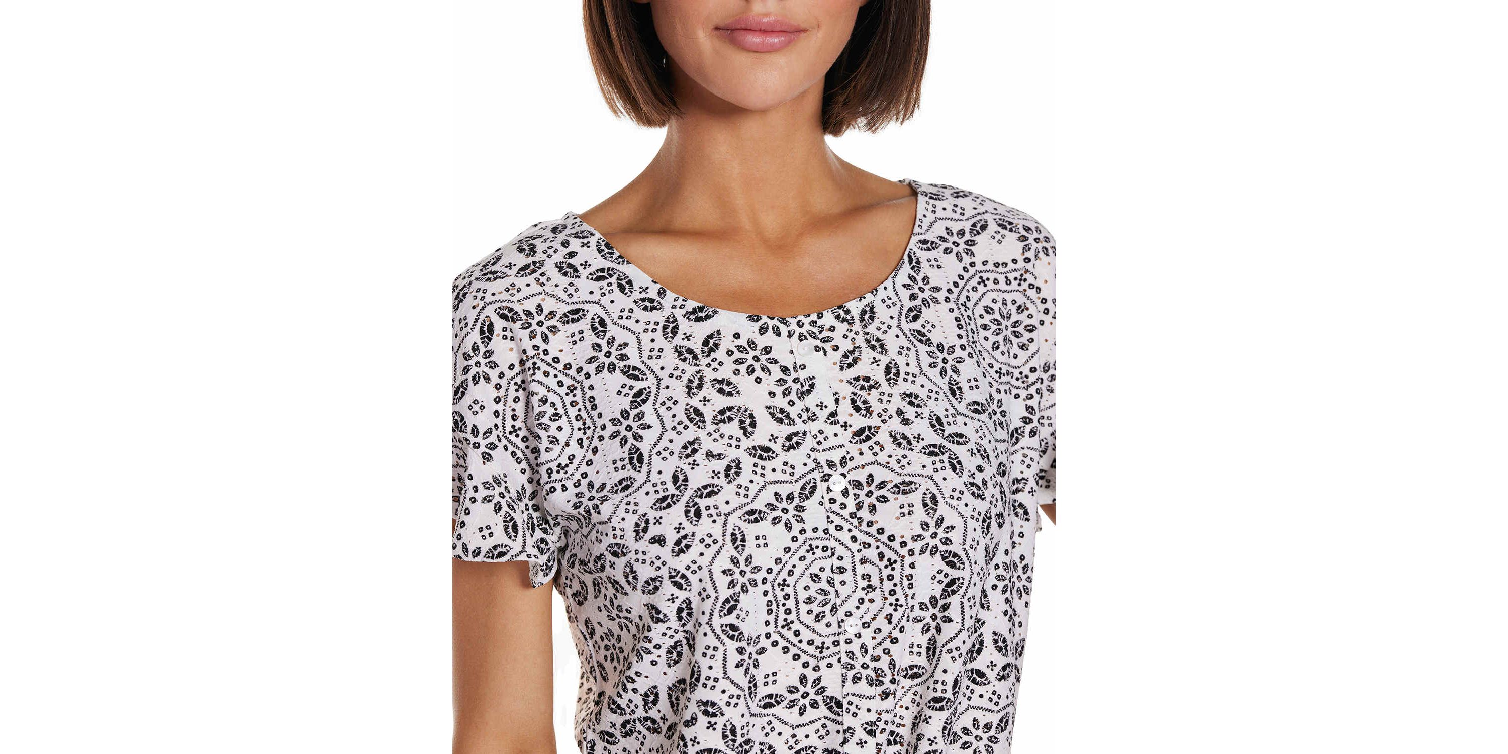 Printed Eyelet Tie-Front Knit Top