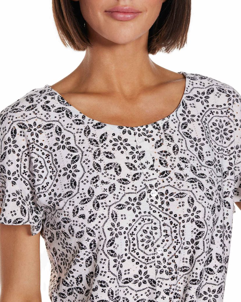 Printed Eyelet Tie-Front Knit Top