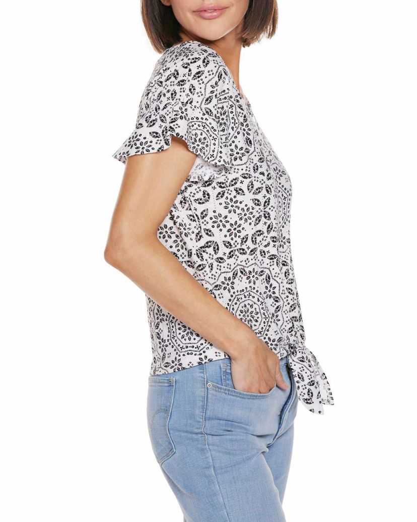 Printed Eyelet Tie-Front Knit Top