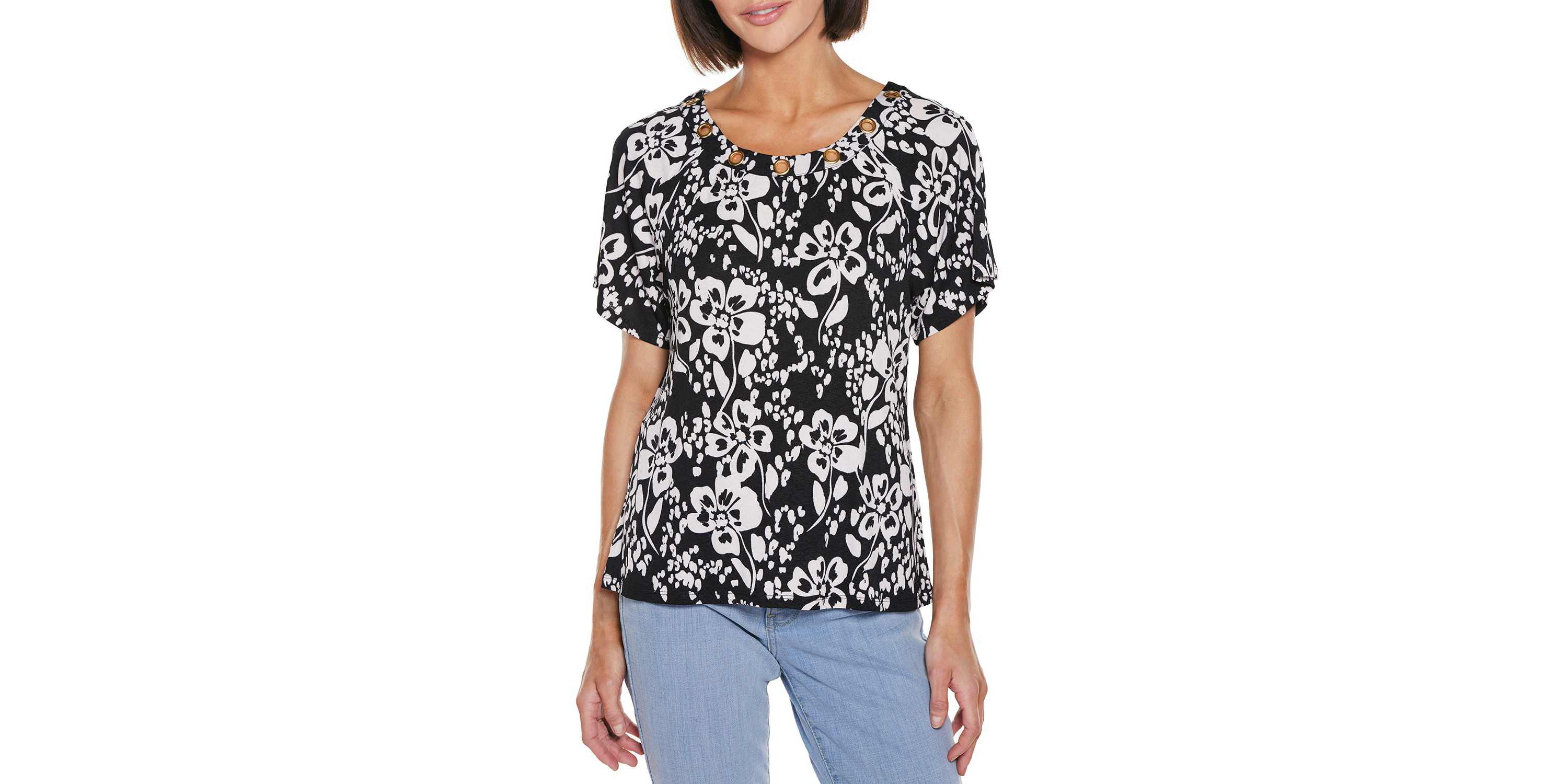 Grommet Detail Floral Short Sleeve Knit Top