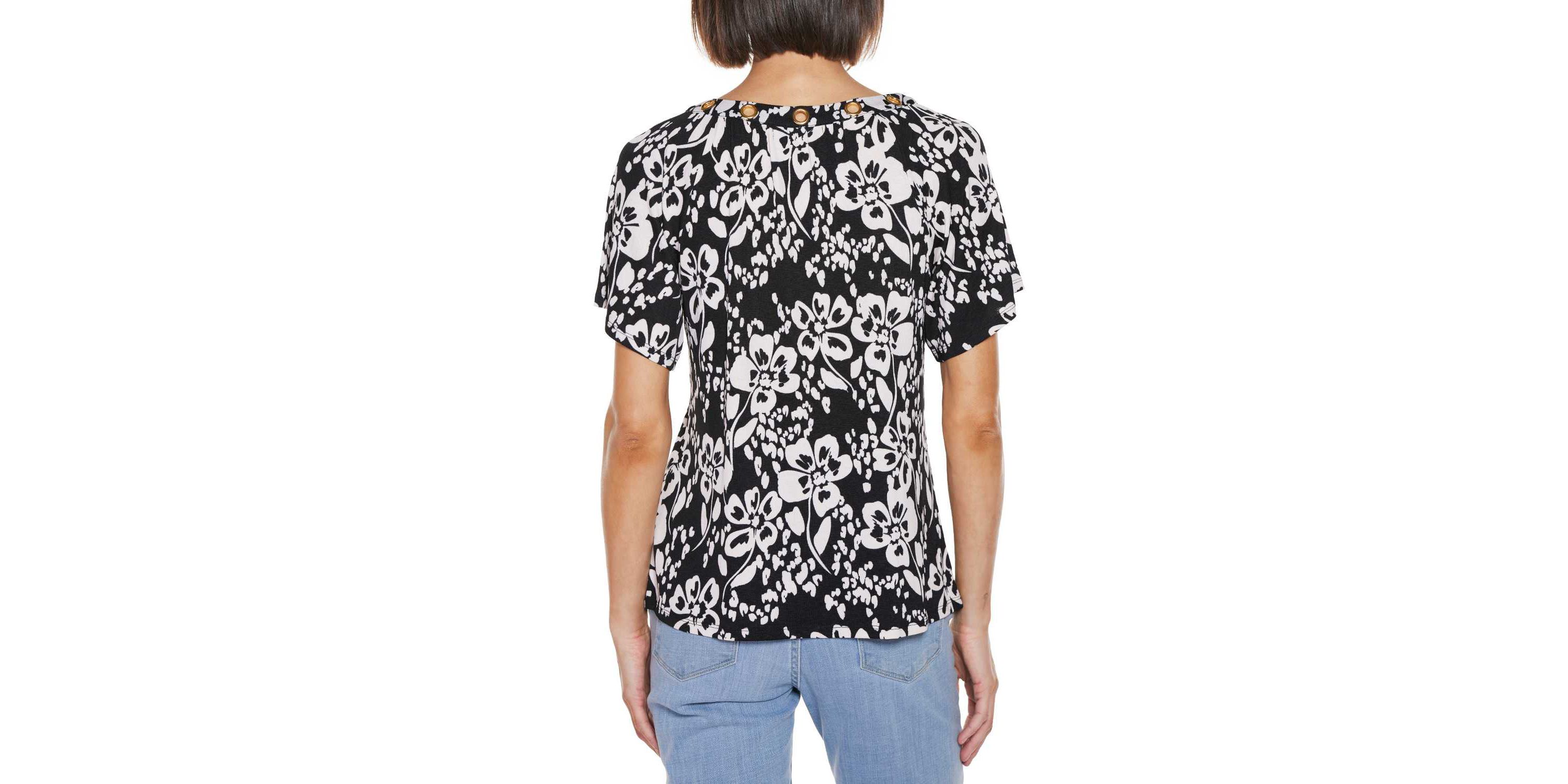 Grommet Detail Floral Short Sleeve Knit Top