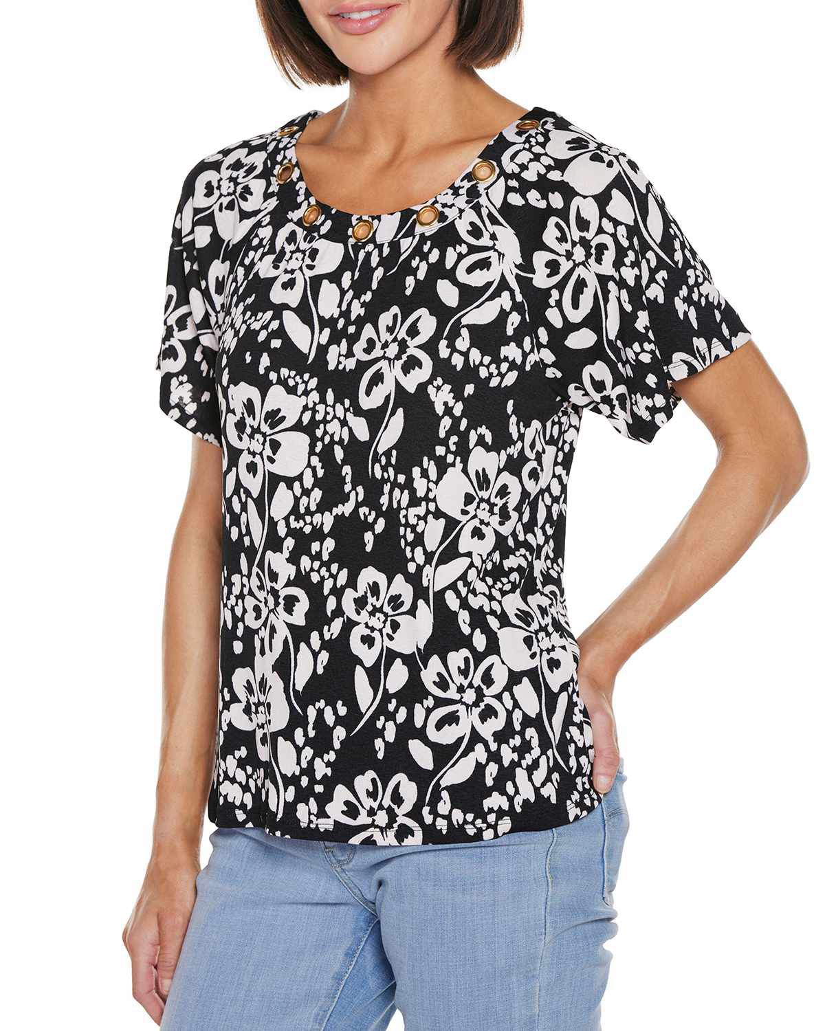 Grommet Detail Floral Short Sleeve Knit Top
