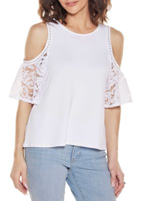 Belldini Women's Crochet Lace Cold-Shoulder Top, White, XL