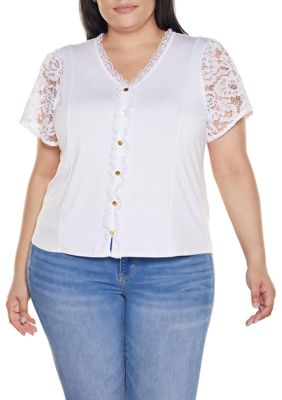 Belldini Women's Plus Size Crochet Lace Sleeve V-Neck Top, White, 3X