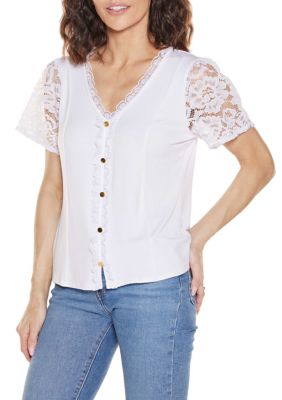 Belldini Women's Crochet Lace Sleeve V-Neck Top, White, XL