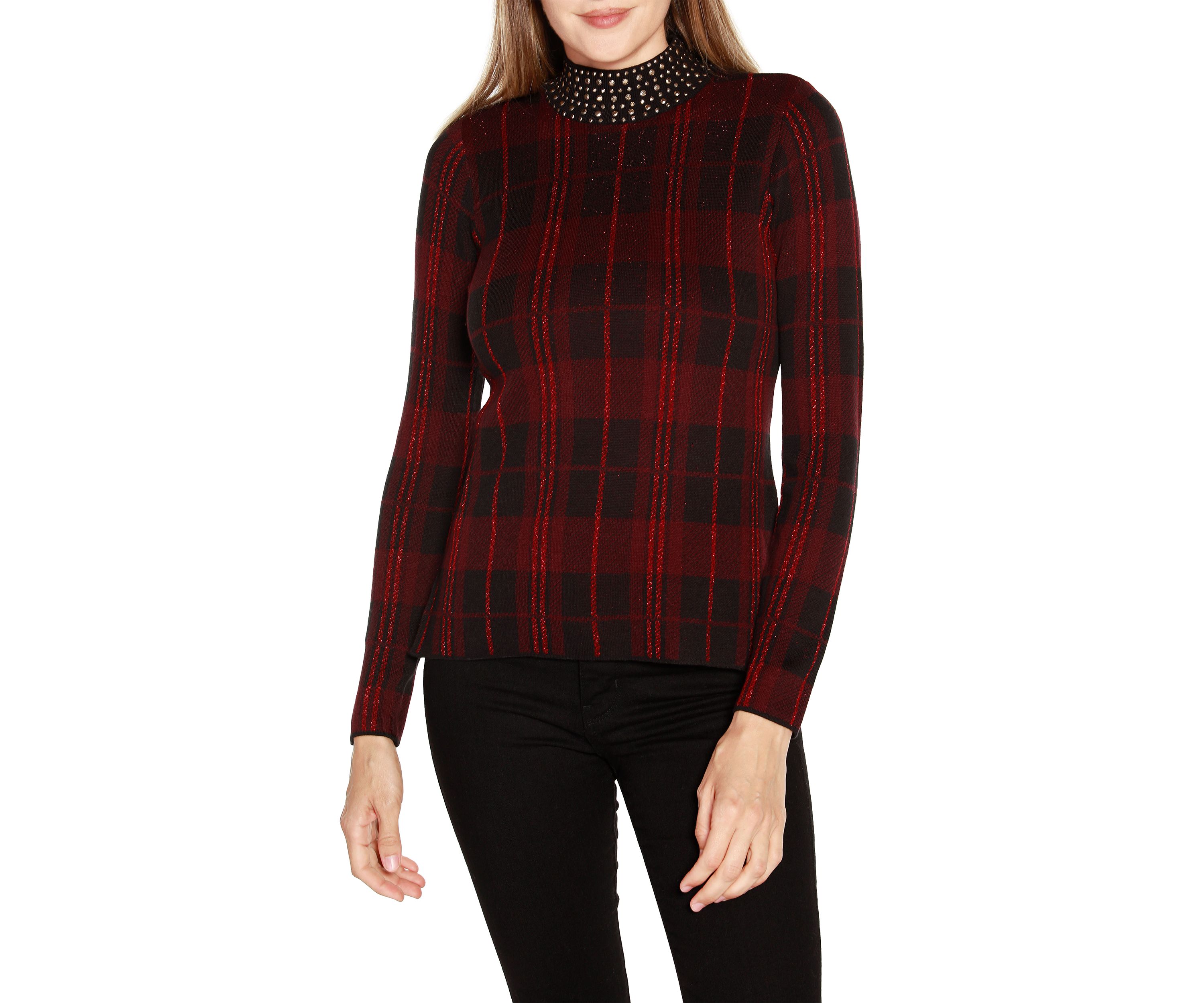 Lurex Plaid Embellished-Neck Sweater
