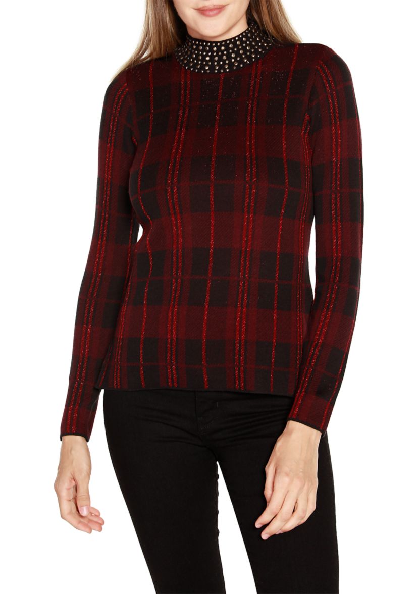 Lurex Plaid Embellished-Neck Sweater