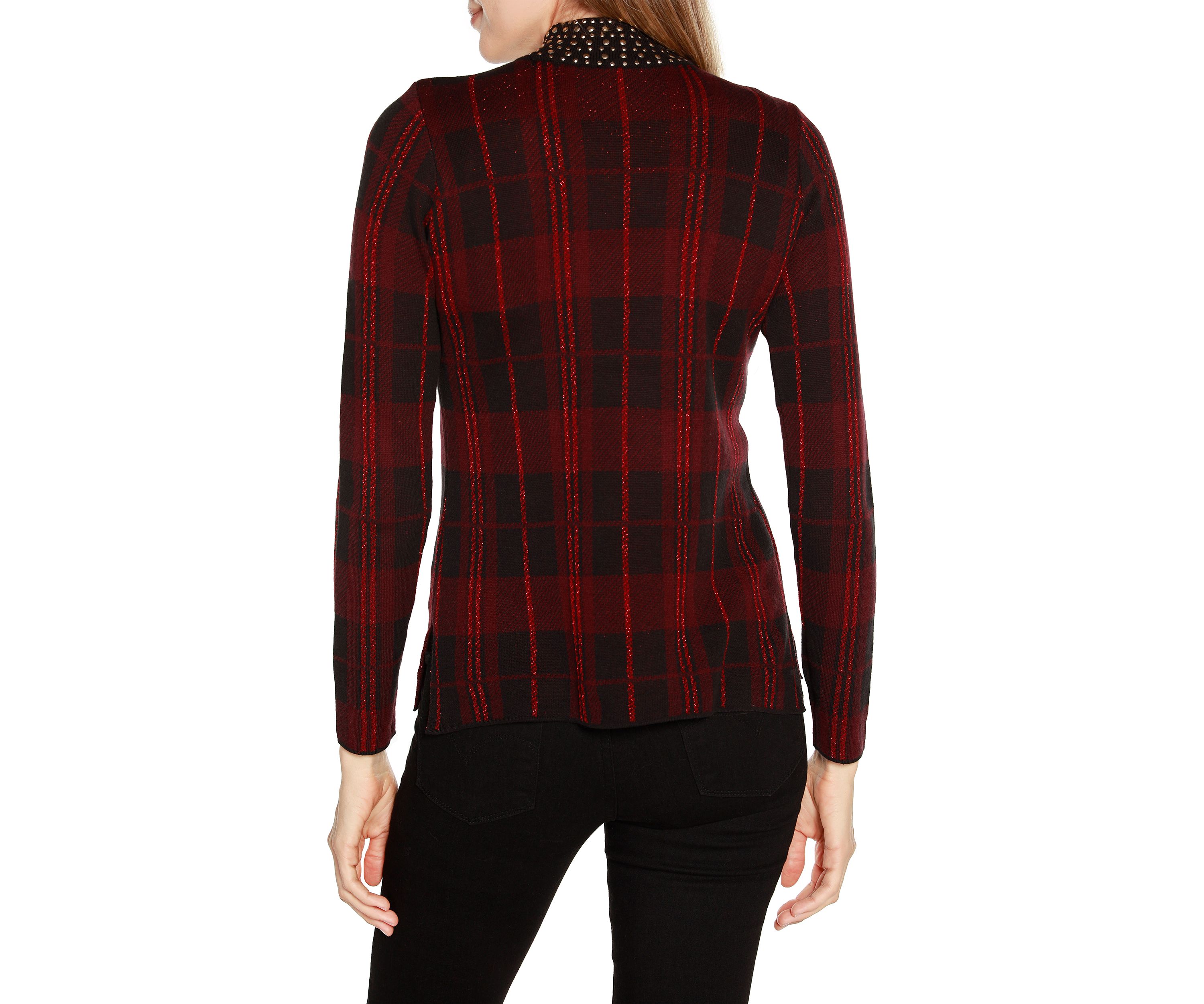 Lurex Plaid Embellished-Neck Sweater